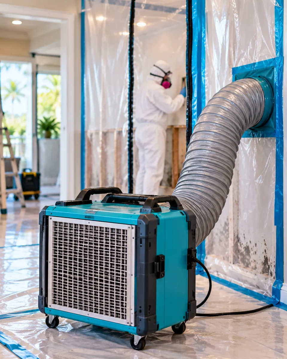 HEPA air scrubber and containment during mold remediation in Golf